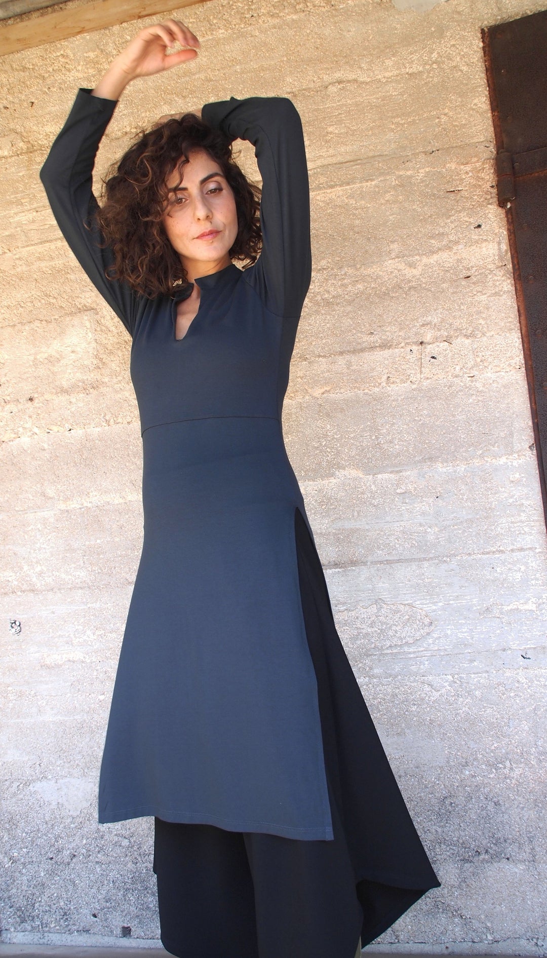 asian midi dress Coeqine Casual Loose Dress for Women 3/4 Sleeve V-Neck Wrap, Bohemian Asian Oversized Midi Tunic Sundress Linen-Look Polyester Comfortable Day Dress,