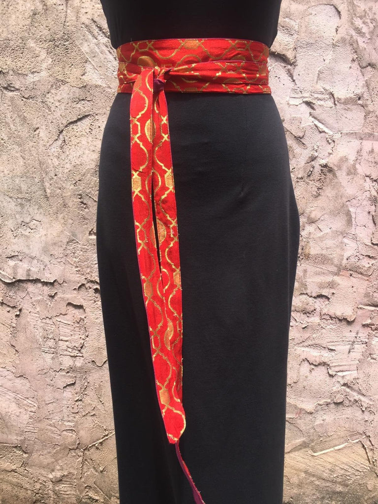 Wide Red and Gold Long Wrap Obi Belt