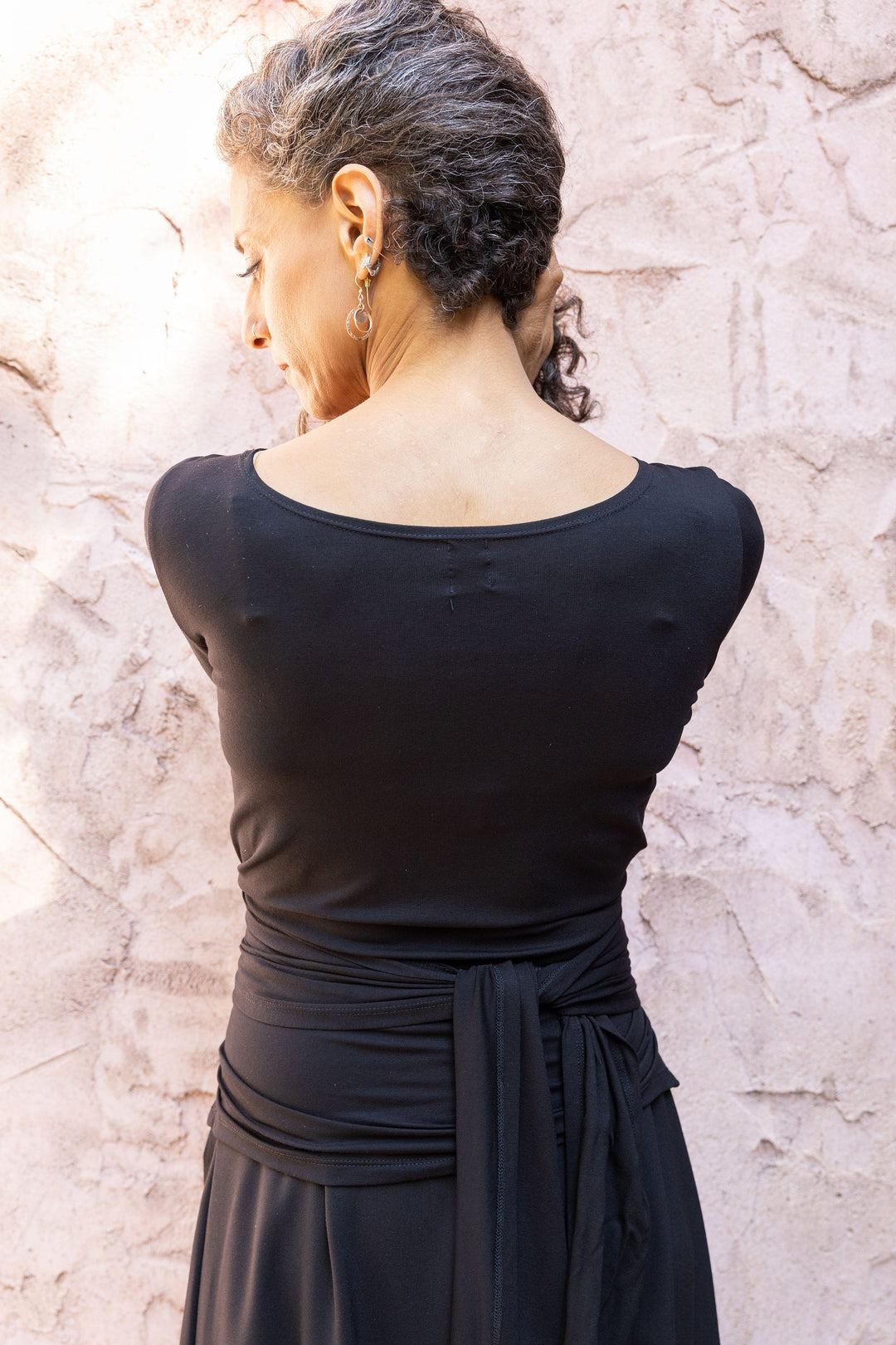 Women's Black Tie Around  Long Sleeve Wrap Top