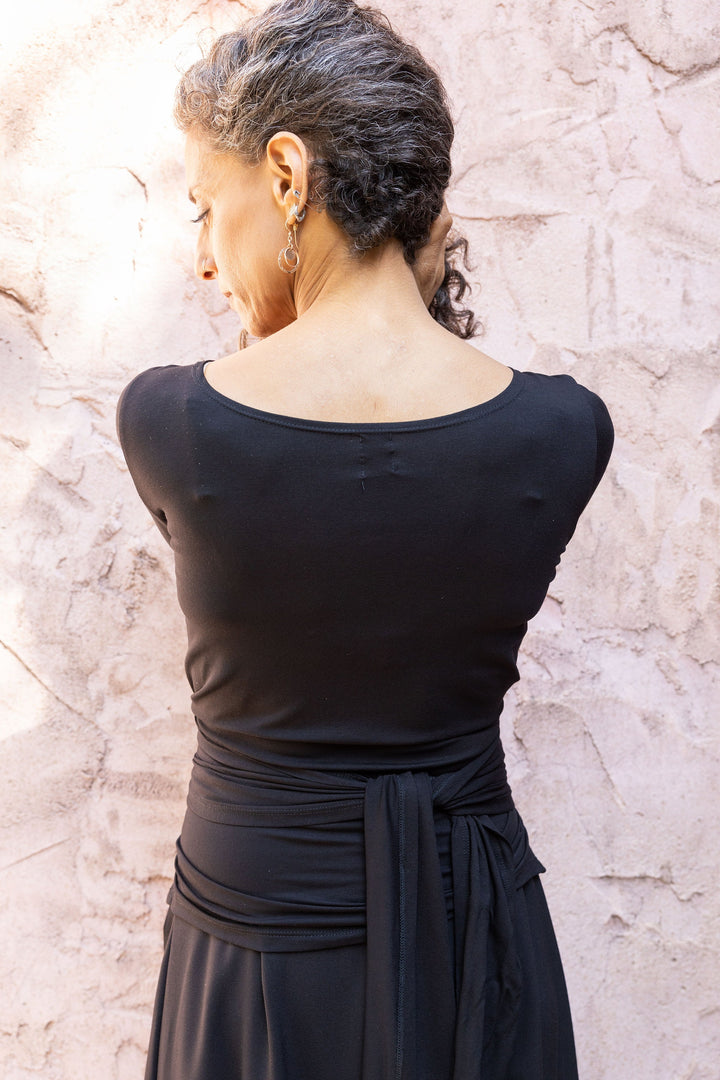 Women's Black Tie Around  Long Sleeve Wrap Top