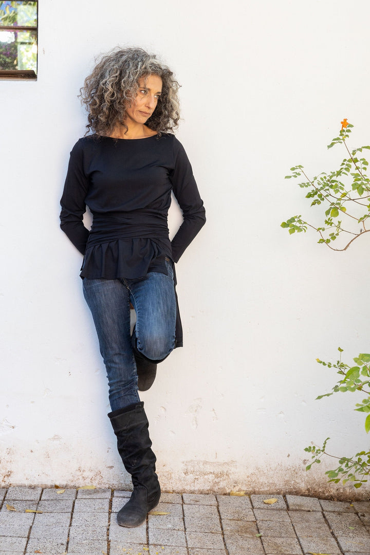 Women's Black Tie Around  Long Sleeve Wrap Top