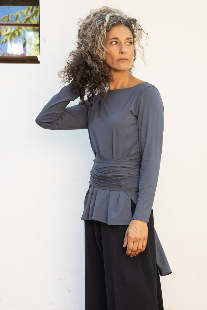 Women's Black Tie Around  Long Sleeve Wrap Top