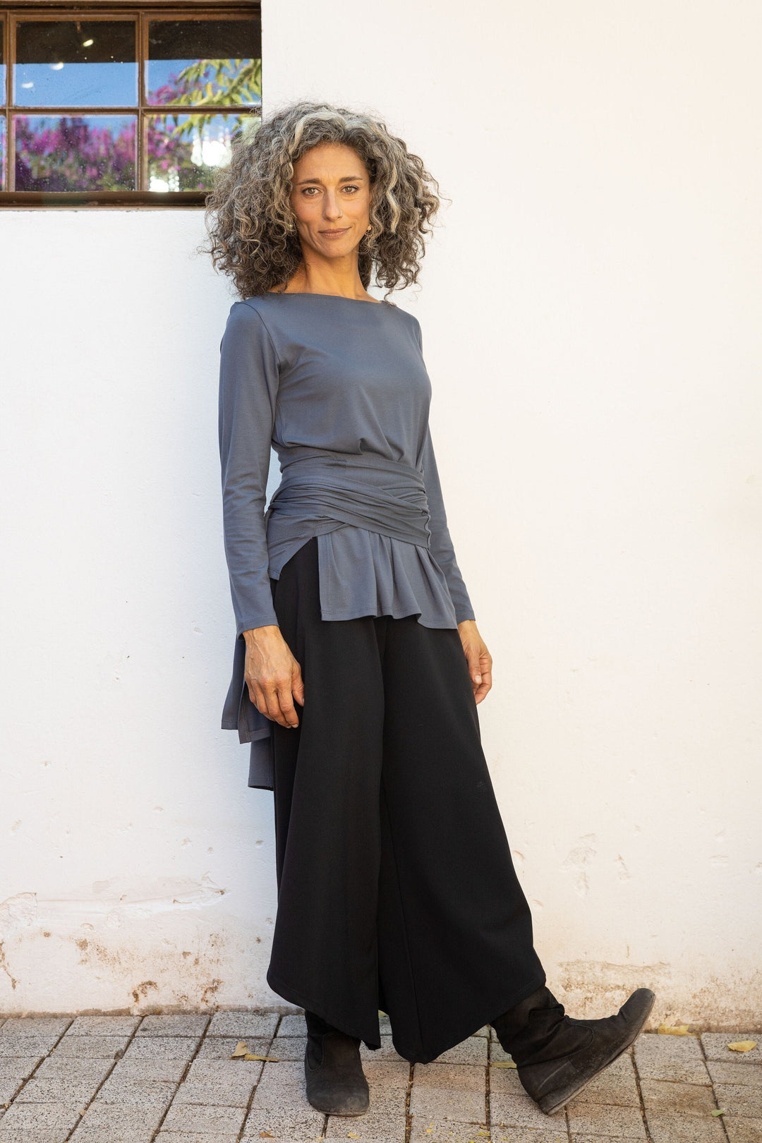 Women's Black Tie Around  Long Sleeve Wrap Top