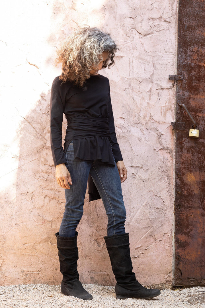 Women's Black Tie Around  Long Sleeve Wrap Top